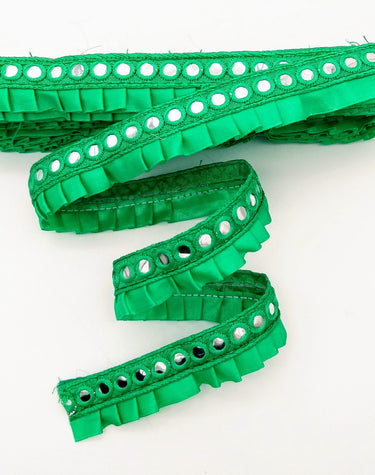 Jade Green Satin Pleated Lace Trim, Mirrored Fringe Trimming, Approx. 30mm wide
